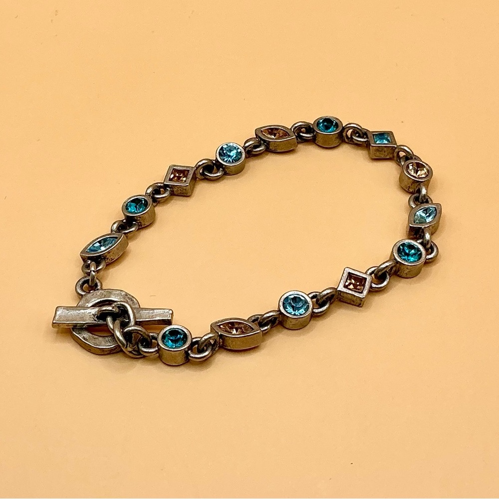 Signed M4M Vintage Silver & Rhinestone Toggle Bracelet - Aqua Teal Amber Gem 7"
